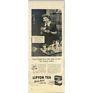 Lipton Tea "Claudette Colbert: Flavor Really Makes Tea Time" Vtg Print Ad 1946